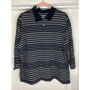 LL Bean Mens 2X Reg Navy Blue White Striped Long Sleeve Polo Shirt Coastal